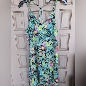 Xhileration Dress Spaghetti Cross Straps SzL Aqua Floral Print Pretty Summer